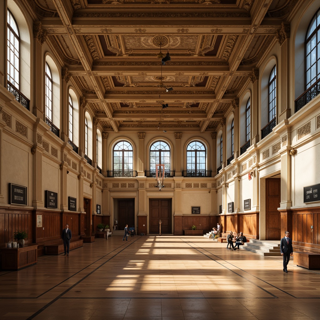 Prompt: Elegant gymnasium interior, neoclassical wall treatments, ornate moldings, intricate carvings, grand columns, decorative pilasters, arched windows, ornamental plasterwork, soft warm lighting, shallow depth of field, 3/4 composition, realistic textures, ambient occlusion, rich wood paneling, subtle color palette, sophisticated furnishings, classic athletic equipment, vintage-inspired scoreboards, refined flooring patterns.