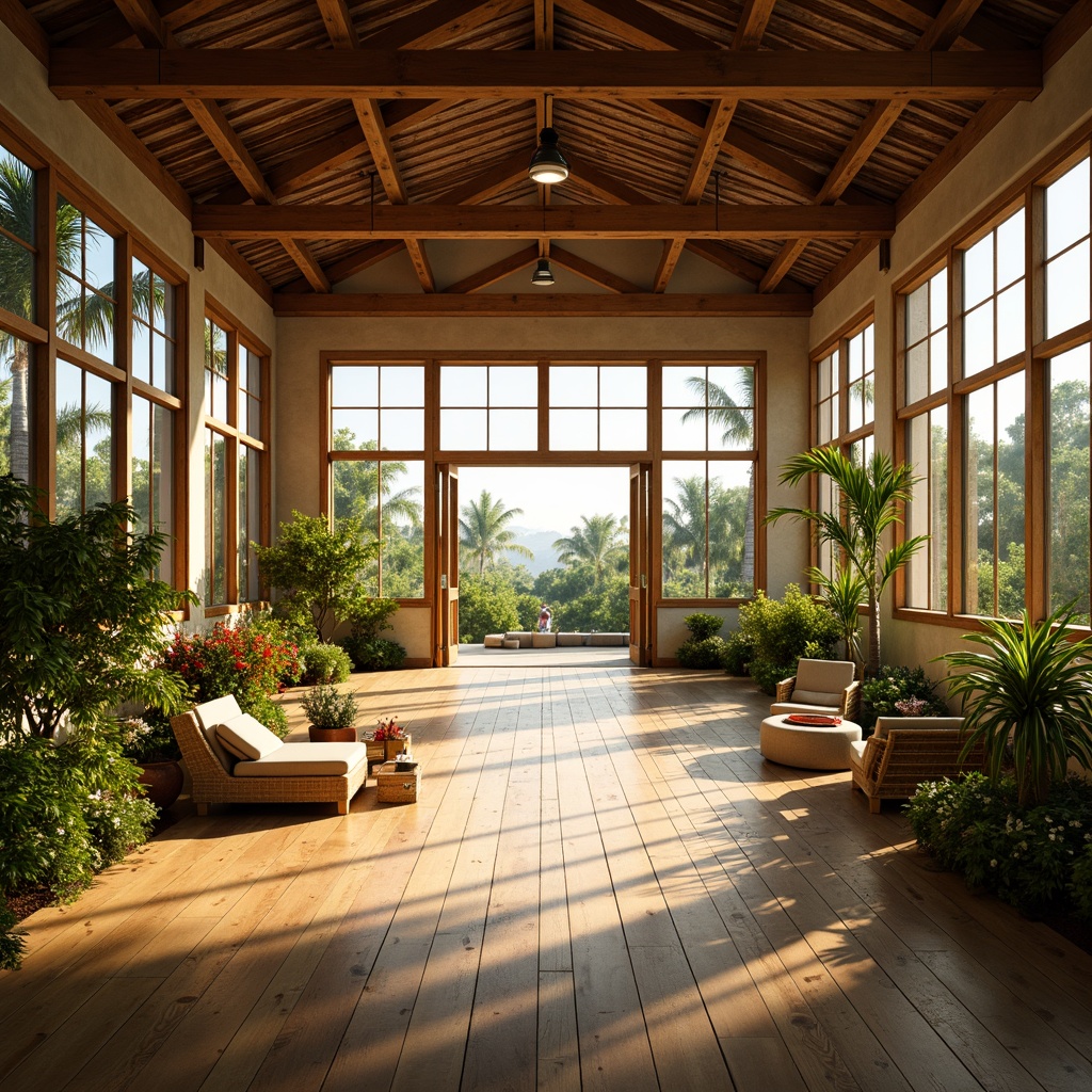 Prompt: Vibrant tropical gymnasium, warm natural light, soft warm glow, floor-to-ceiling windows, sliding glass doors, lush greenery, palm trees, colorful floral arrangements, wooden flooring, bamboo accents, rattan furniture, natural stone walls, earthy tones, subtle color gradations, ambient occlusion, 1/2 composition, shallow depth of field, realistic textures, warm sunny day, gentle breezes, soft shadows, relaxed atmosphere.