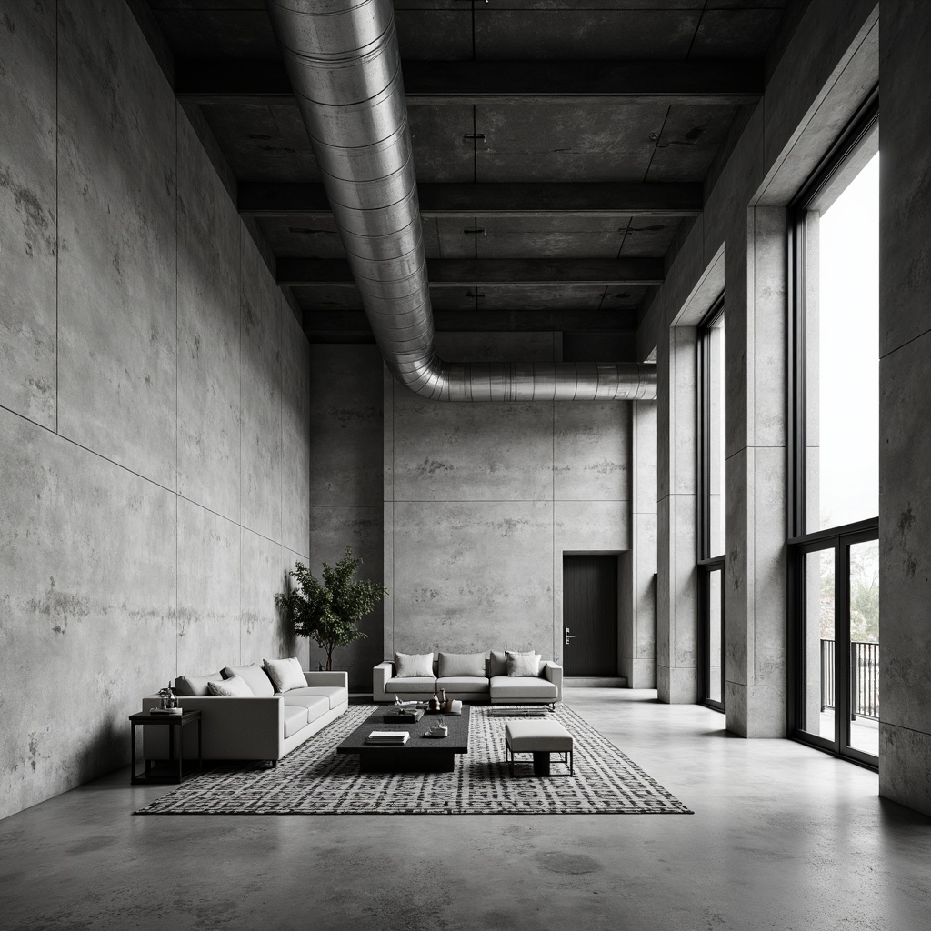 Prompt: Monochromatic brutalist interior, raw concrete walls, exposed ductwork, industrial metal beams, minimalist decor, sparse furniture arrangement, low-profile seating, sleek coffee tables, geometric patterned rugs, neutral color palette, abundant natural light, floor-to-ceiling windows, sheer curtains, subtle textures, moody atmospheric lighting, 1/1 composition, realistic renderings.