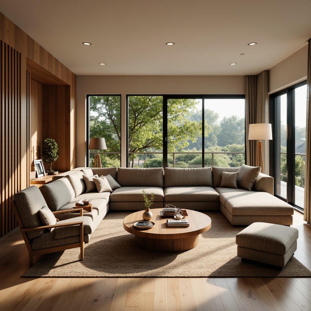 Prompt: Cozy living room, plush sectional sofa, velvety soft cushions, wooden coffee table, minimalist metal legs, ergonomic chairs, adjustable headrests, comfortable ottomans, floor lamps, warm beige carpeting, natural wood flooring, large windows, soft diffused lighting, 3/4 composition, realistic textures, ambient occlusion.