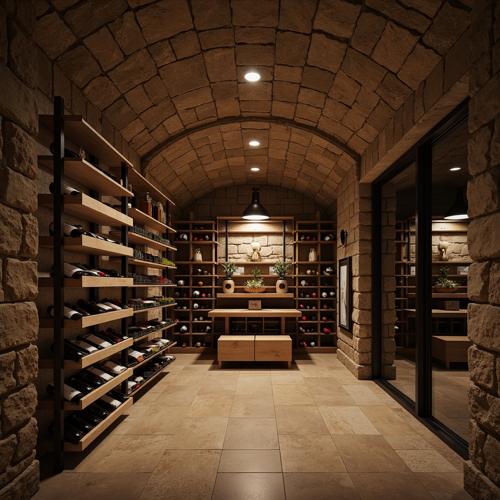 Prompt: Wine cellar interior, rustic stone walls, wooden wine racks, dimmed warm lighting, climate-controlled environment, precise temperature regulation, humidification systems, air purification units, insulated glass doors, modern minimalist design, stainless steel equipment, sleek metal shelving, ambient soft glow, subtle color palette, 1/1 composition, shallow depth of field, realistic textures.