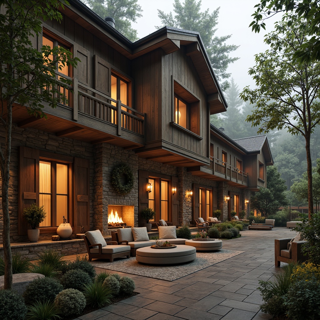 Prompt: Rustic hotel facade, earthy tones, weathered wood accents, natural stone walls, exposed beams, wooden shutters, warm golden lighting, cozy fireplaces, plush furnishings, rich leather textures, vintage metal fixtures, distressed finishes, earthy brown colors, sage greenery, moss-covered roofs, tranquil forest surroundings, misty morning atmosphere, soft warm glow, shallow depth of field, 2/3 composition, realistic textures, ambient occlusion.