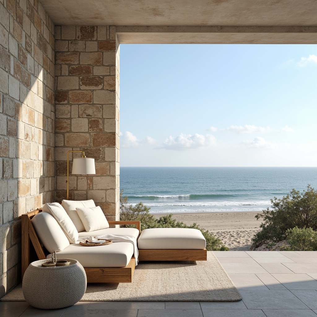 Prompt: Calming coastal ambiance, soft sandy dunes, clear blue sky, serene ocean views, gentle sea breeze, natural driftwood accents, weathered stone walls, calming whites, creamy ivories, soothing blues, muted greens, warm beige tones, rustic nautical elements, distressed wood textures, organic linen fabrics, subtle shell patterns, airy open spaces, abundant natural light, soft warm glow, shallow depth of field, 2/3 composition, relaxed atmosphere.