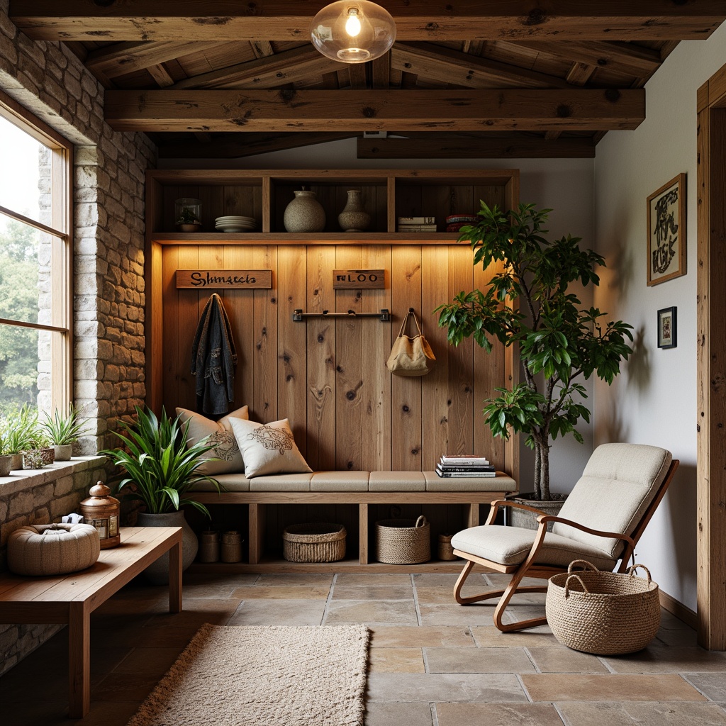 Prompt: Rustic mudroom, earthy tones, natural textures, reclaimed wood accents, stone walls, rough-hewn beams, wooden planks, vintage metal signs, distressed finishes, aged leather furniture, warm pendant lighting, cozy throw blankets, woven baskets, botanical prints, nature-inspired colors, organic patterns, soft warm glow, shallow depth of field, 1/1 composition, realistic textures.