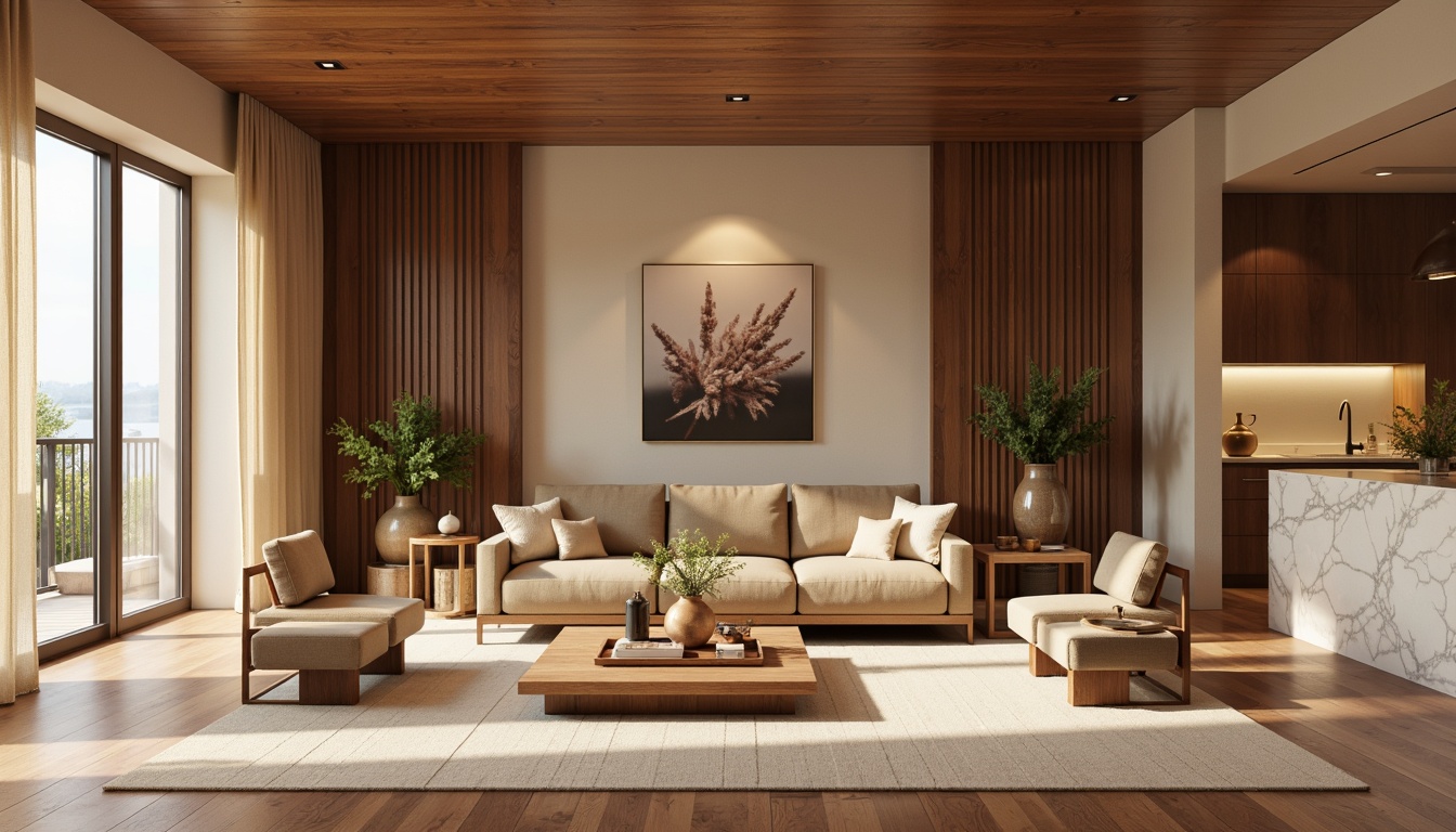 Prompt: Cozy living room, warm beige walls, rich walnut wood accents, plush velvet sofas, soft golden lighting, creamy white marble countertops, metallic copper decor, natural linen textiles, earthy terracotta floors, minimalist modern furniture, airy open spaces, soft focus photography, 1/2 composition, warm color harmony, inviting atmosphere.