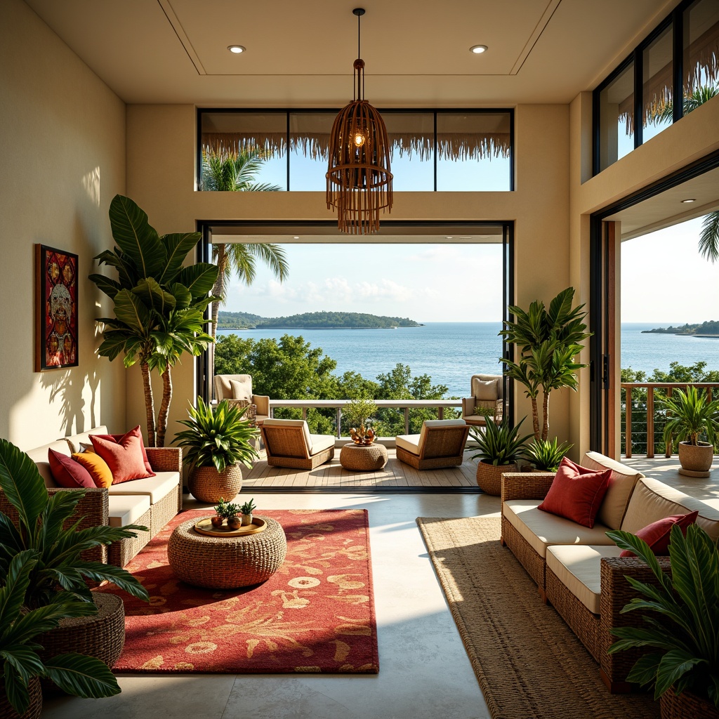 Prompt: Vibrant tropical interior, lush greenery, exotic flowers, natural wood accents, woven rattan furniture, colorful tiki masks, tribal-inspired textiles, bold geometric patterns, statement lighting fixtures, eclectic decorative objects, plush area rugs, warm beige walls, creamy white ceilings, large sliding glass doors, panoramic ocean views, sunny day, soft warm lighting, shallow depth of field, 3/4 composition, realistic textures, ambient occlusion.