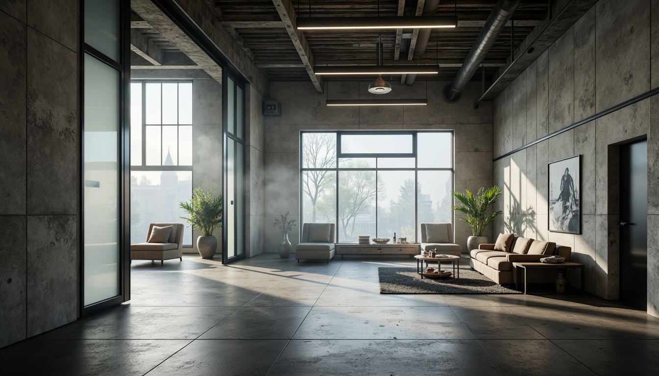 Prompt: Exposed concrete walls, raw brutalist architecture, industrial chic ambiance, translucent glass partitions, diffused natural light, minimalist decor, sleek metal accents, polished stone floors, atmospheric foggy lighting, 1/2 composition, cinematic mood, realistic reflections, subtle ambient occlusion, urban loft setting, converted warehouse space.