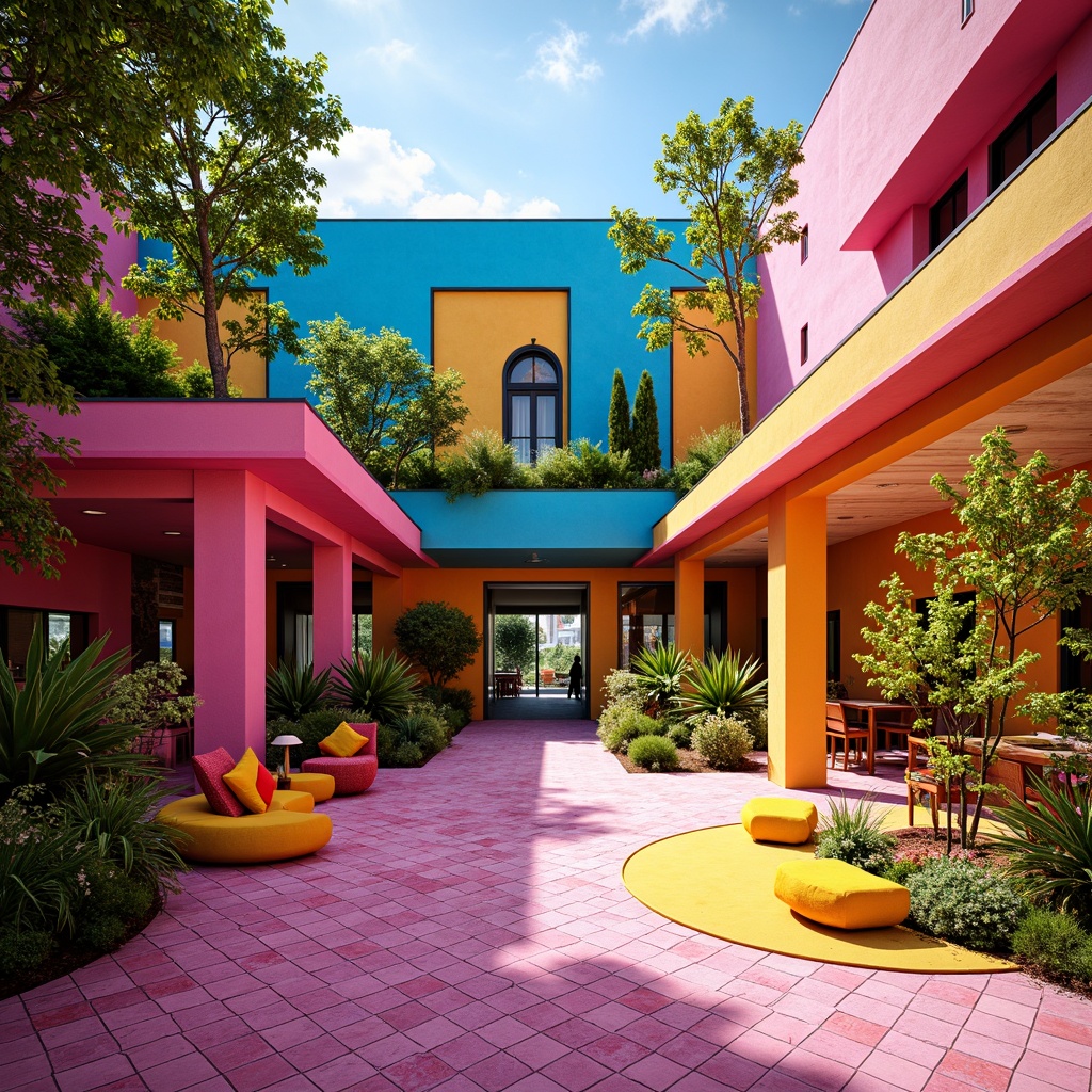 Prompt: Vibrant pavilion, bold postmodernist architecture, eclectic color palette, bright pink accents, electric blue hues, sunshine yellow highlights, deep orange contrasts, bold black outlines, playful polka dots, abstract geometric patterns, ornate decorative details, lavish textures, intricate tile work, opulent furnishings, lush greenery surroundings, warm sunny day, soft focus photography, shallow depth of field, 1/2 composition, realistic rendering, ambient occlusion.