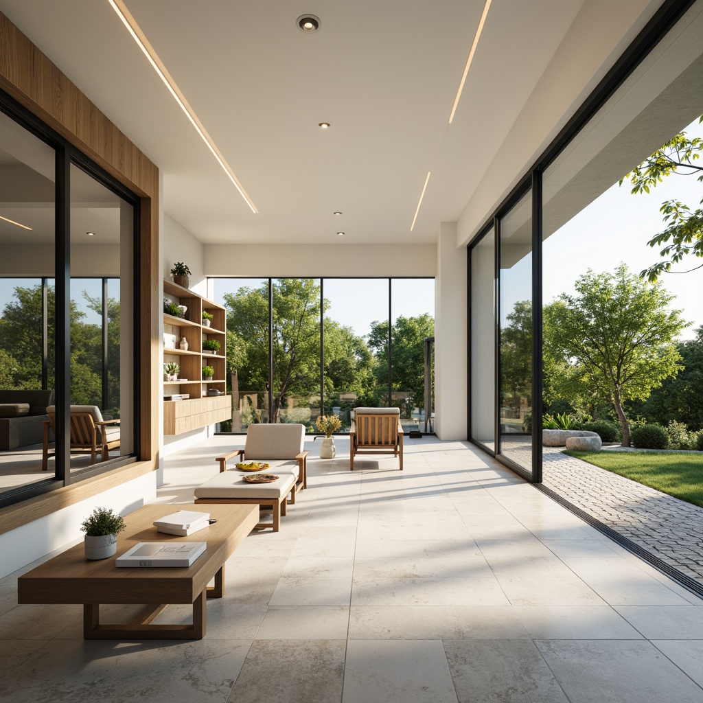 Prompt: Minimalist villa, open-plan living area, floor-to-ceiling windows, sliding glass doors, natural stone floors, white walls, sleek lines, minimal ornamentation, functional furniture, hidden lighting, subtle color palette, greenery views, lush plants, serene ambiance, warm sunny day, soft diffused light, shallow depth of field, 1/1 composition, panoramic view, realistic textures, ambient occlusion.