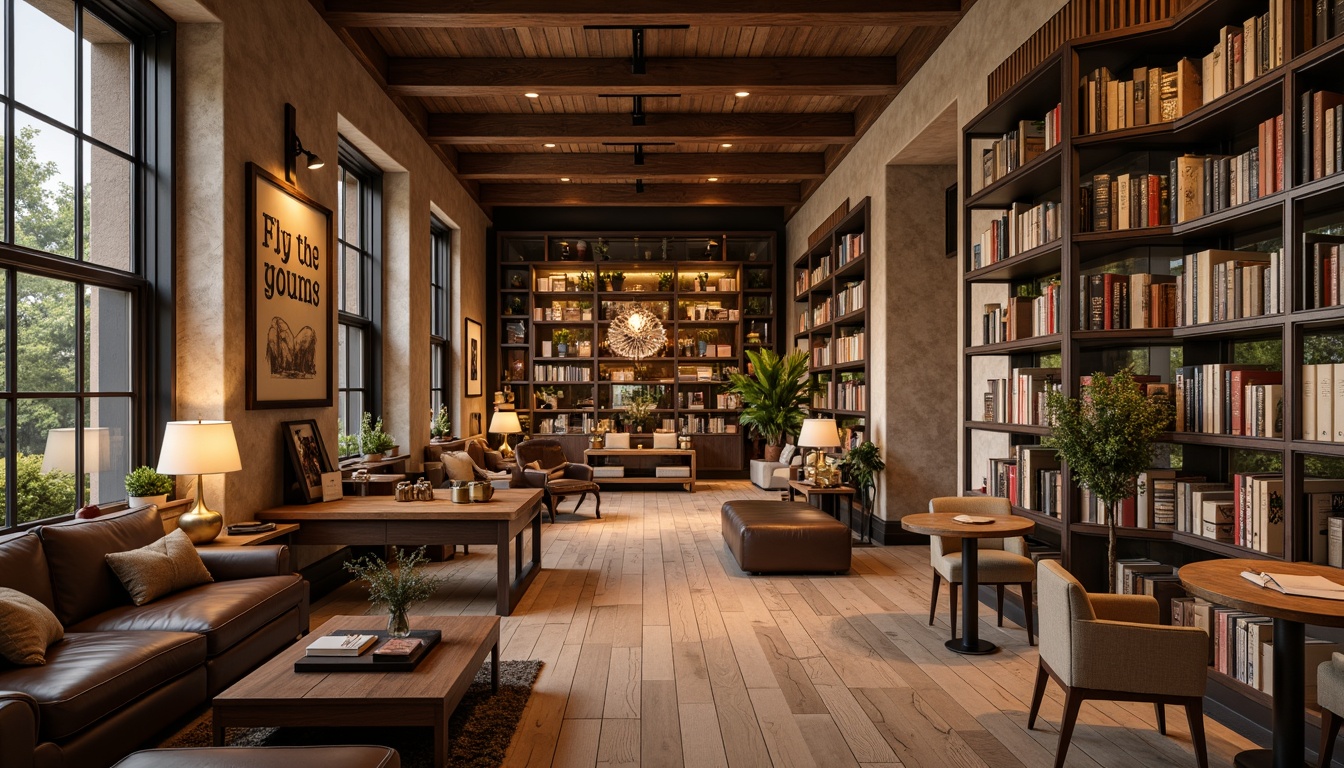 Prompt: Cozy bookstore atmosphere, wooden bookshelves, comfortable reading nooks, plush armchairs, vintage-inspired lamps, warm beige walls, rustic wood floors, natural stone accents, earthy color palette, soft warm lighting, intimate corner spaces, floor-to-ceiling windows, urban-chic decor, metallic frames, modern minimalist tables, ergonomic chairs, industrial-style bookcases, rich leather sofas, sophisticated shelving units, elegant display cases.