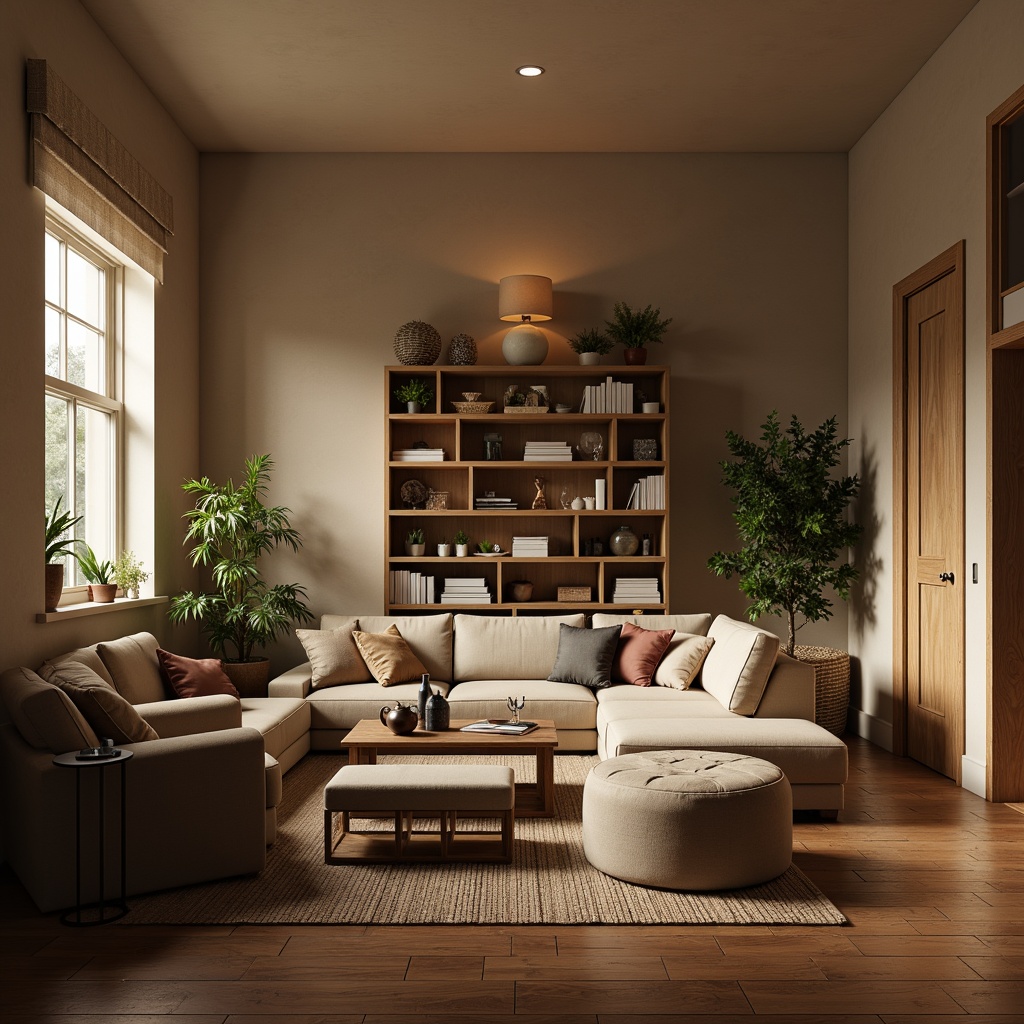 Prompt: Cozy living room, plush sectional sofa, wooden coffee table, velvet armchair, soft cushioned ottoman, minimalist bookshelf, industrial metal lamp, warm beige walls, rich brown hardwood floors, natural fiber rug, comfortable reading nook, relaxing ambiance, soft warm lighting, shallow depth of field, 1/1 composition, realistic textures, ambient occlusion.