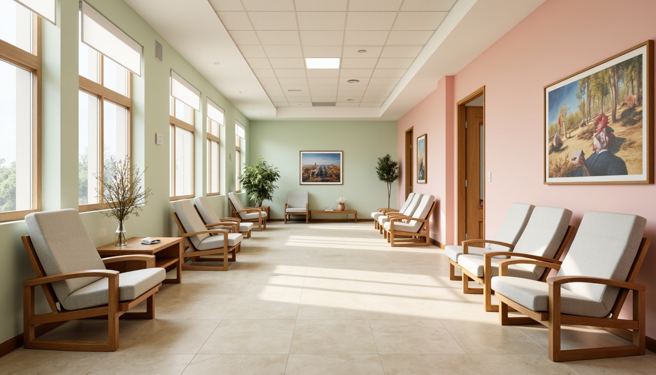 Prompt: Calming healthcare environment, soothing pastel colors, comfortable patient chairs, sturdy oak wood frames, soft cushioning, gentle curves, wheelchair accessibility, adjustable armrests, breathable fabric upholstery, calming artwork, natural light exposure, warm beige flooring, peaceful waiting areas, quiet reading nooks, ergonomic design, anti-microbial coatings, durable steel bases, rounded edges, gentle lighting, 1/1 composition, realistic textures, ambient occlusion.