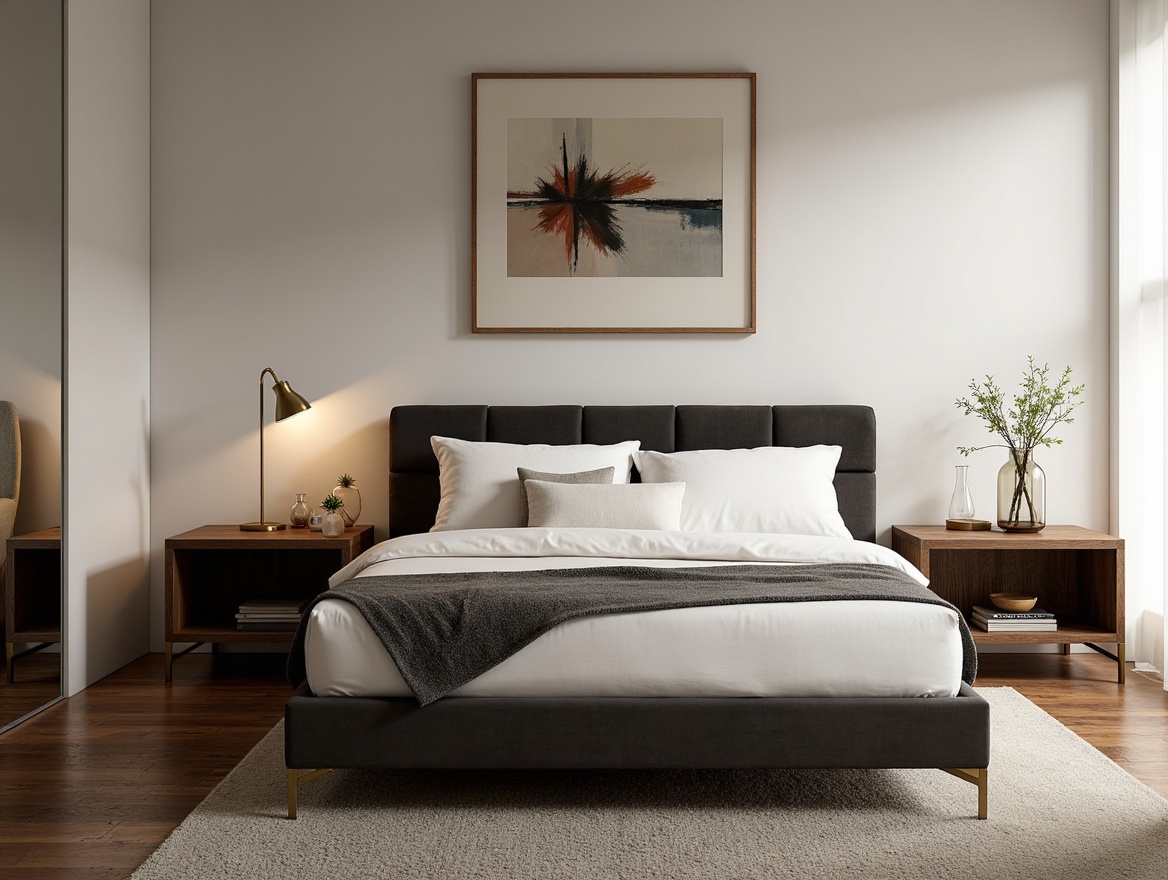 Prompt: Modern minimalist bedroom, low-profile bedframe, tufted headboard, velvet upholstery, reclaimed wood nightstands, metallic lamp fixtures, abstract artwork, plush area rug, soft warm lighting, shallow depth of field, 3/4 composition, neutral color palette, natural textures, ambient occlusion.