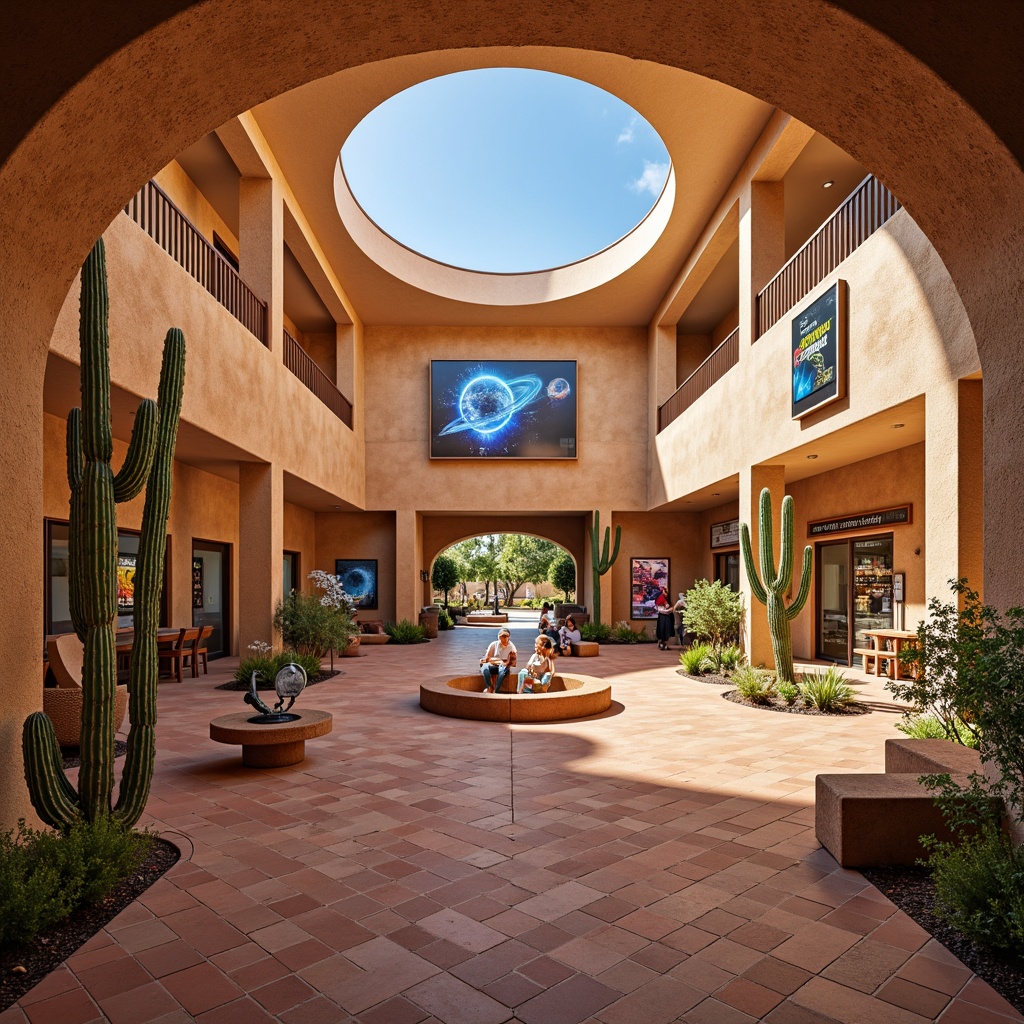 Prompt: Vibrant southwestern-themed science center, earthy adobe walls, rustic wooden accents, warm terracotta flooring, interactive exhibit displays, futuristic astronomy models, colorful hands-on experiment stations, digital planetarium dome, immersive 3D visualization screens, cozy reading nooks, floor-to-ceiling windows, natural desert landscaping, majestic saguaro cacti, sunny afternoon light, soft warm glow, shallow depth of field, symmetrical composition, realistic textures, ambient occlusion.