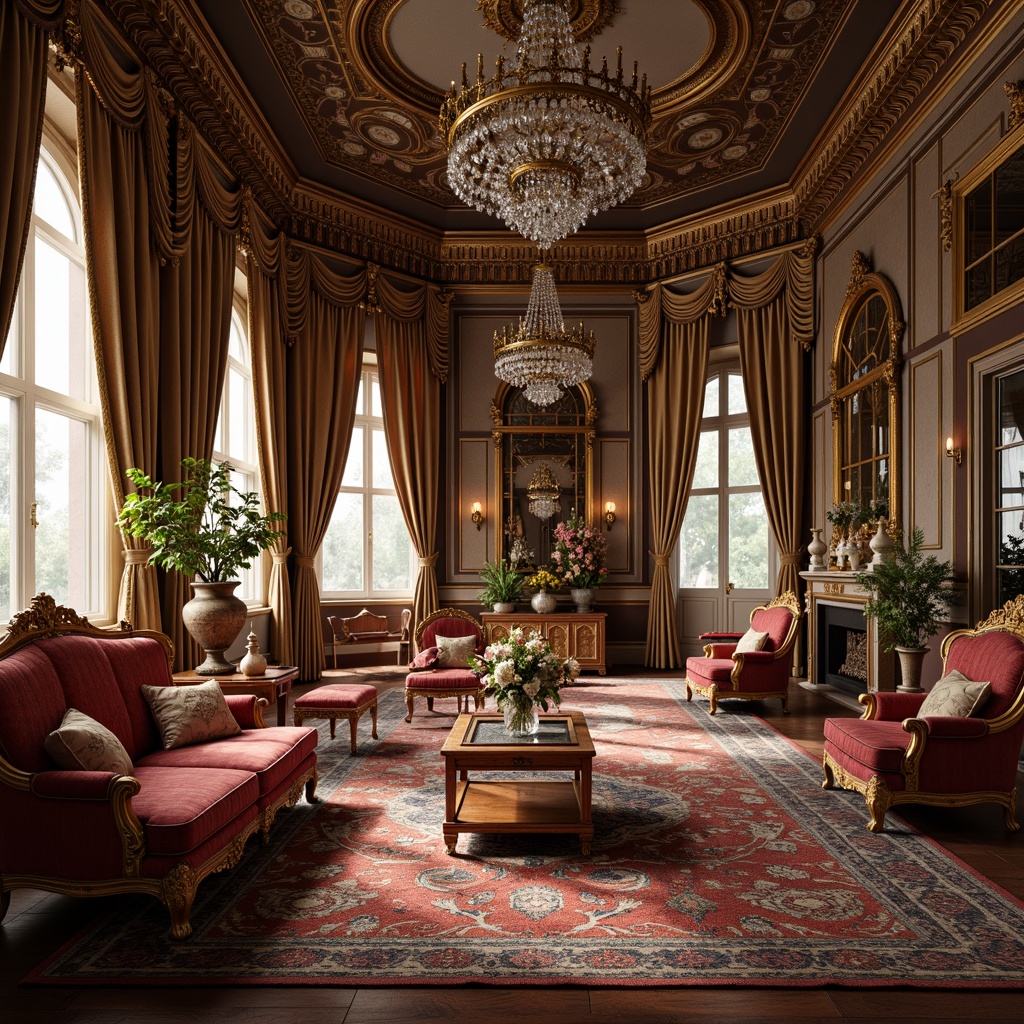 Prompt: Ornate Rococo-style palace, intricately carved wooden furniture, luxurious velvet upholstery, gilded accents, crystal chandeliers, ornamental mirrors, lavish drapery, richly patterned rugs, Baroque-inspired decor, soft warm lighting, shallow depth of field, 1/1 composition, realistic textures, ambient occlusion.