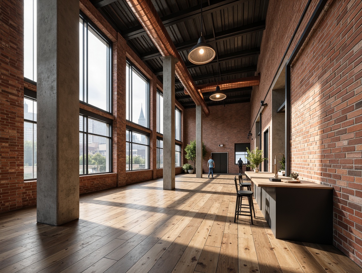 Prompt: Exposed brick walls, metal accents, reclaimed wood flooring, industrial-style lighting fixtures, urban loft atmosphere, distressed finishes, metallic sheen, copper pipes, steel beams, concrete pillars, modern minimalist decor, functional aesthetic, high ceilings, open-plan layout, natural light pouring in, warm neutral color palette, subtle texture variations, realistic material reflections, 1/1 composition, softbox lighting.