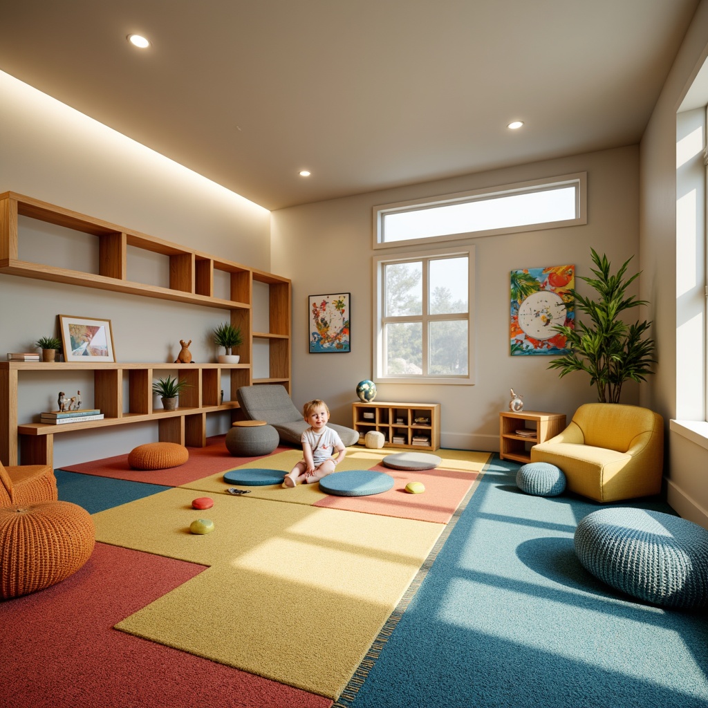 Prompt: Vibrant playroom, soft cushioned floors, colorful woven carpets, stain-resistant surfaces, durable rubber flooring, easy-to-clean tiles, slip-resistant coatings, educational wall decals, fun-shaped foam puzzles, cozy reading nooks, natural wood accents, warm lighting fixtures, 1/1 composition, shallow depth of field, realistic textures, ambient occlusion.