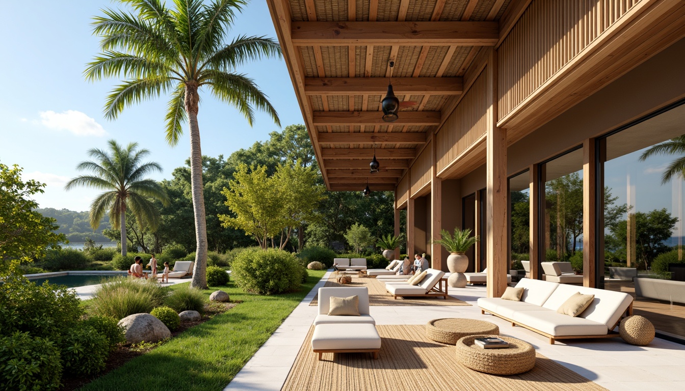 Prompt: Tropical modern villa, lush green roof, palm trees, wooden accents, natural materials, earthy tones, open-plan living area, floor-to-ceiling windows, sliding glass doors, seamless indoor-outdoor transition, bright airy atmosphere, warm sunny day, soft gentle lighting, shallow depth of field, 1/1 composition, realistic textures, ambient occlusion, minimal ornaments, organic shapes, woven rattan furniture, natural fiber textiles, earthy color palette, ocean views, beachside setting.