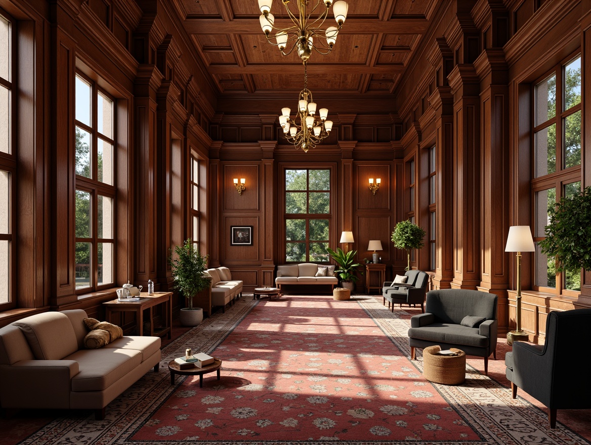 Prompt: Rich wood accents, classic columns, ornate moldings, luxurious carpets, velvet upholstery, subtle patterns, earthy tones, sophisticated ambiance, warm lighting, traditional bank architecture, formal atmosphere, elegant chandeliers, solid wood furniture, leather-bound tomes, intricate carvings, plush area rugs, understated color palette, 1/1 composition, soft focus, realistic textures.