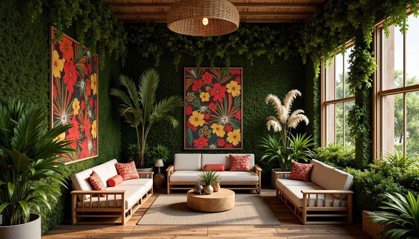 Prompt: Vibrant tropical interior, lush greenery walls, exotic flower arrangements, wooden accents, rattan furniture, natural fiber textiles, colorful tribal patterns, woven bamboo ceiling, reclaimed wood floors, rustic metal decorations, lantern-style lighting, soft warm ambiance, shallow depth of field, 3/4 composition, realistic textures, ambient occlusion.