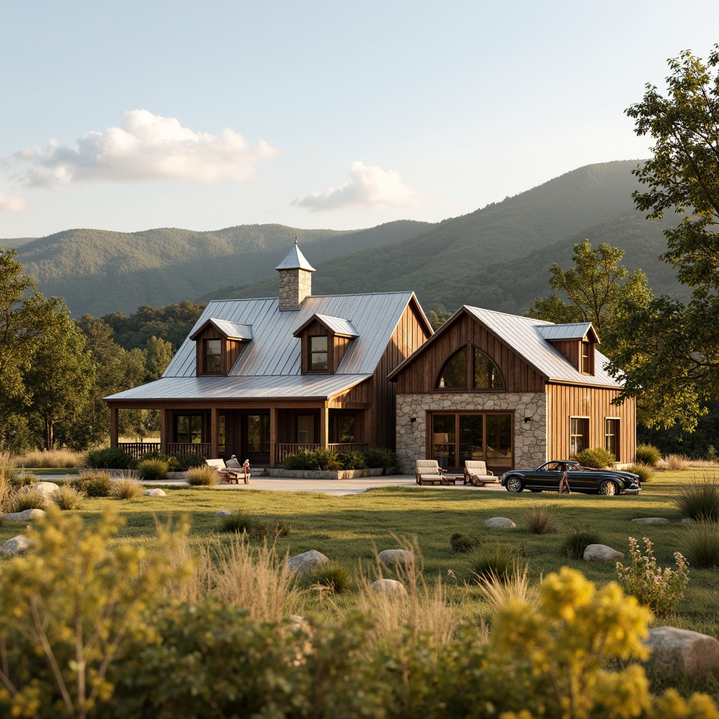 Prompt: Rustic farmhouse, natural stone exterior, weathered wood accents, corrugated metal roofs, earthy color palette, reclaimed barn wood, distressed finishes, vintage farm equipment, rolling hills, rural landscape, sunny afternoon, warm soft lighting, shallow depth of field, 1/2 composition, cinematic view, realistic textures, ambient occlusion.