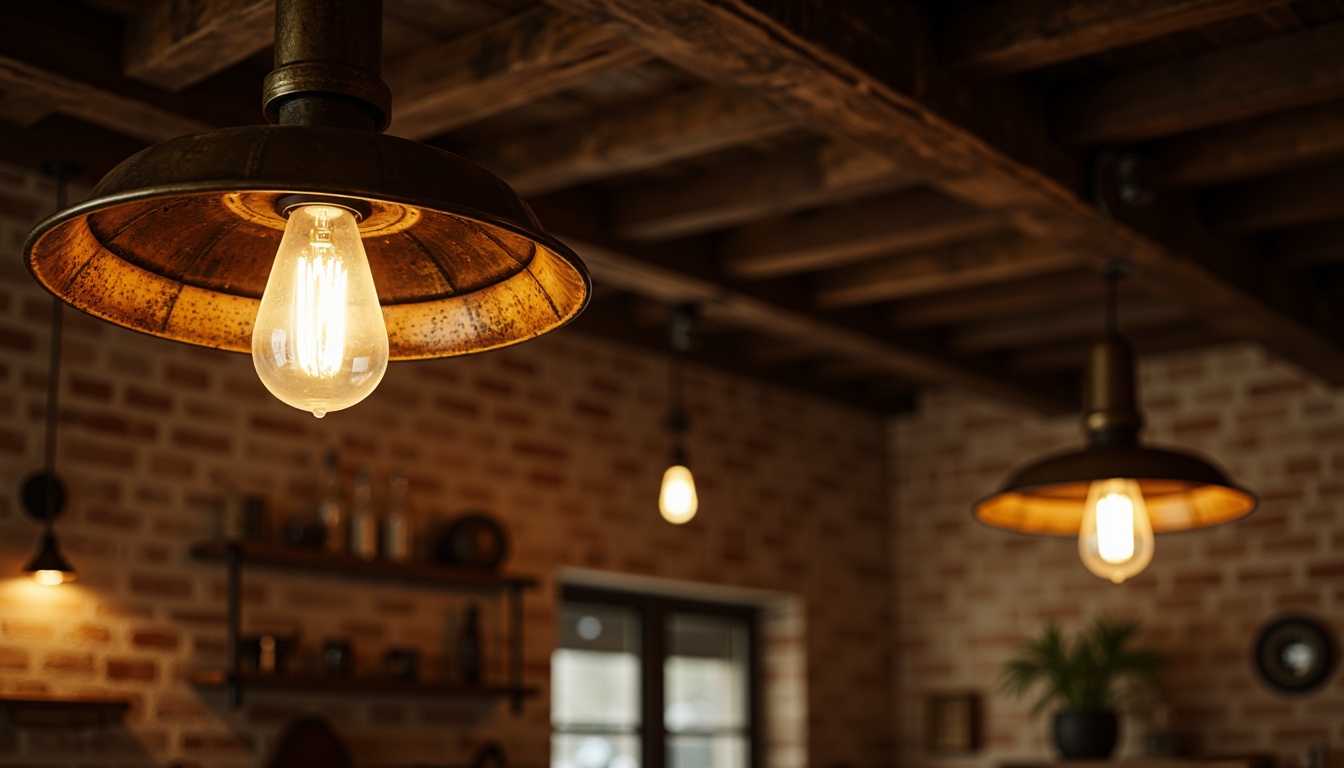 Prompt: Dimmable pendant lamps, warm golden lighting, cozy ambient glow, rustic metal shades, distressed wood accents, vintage industrial fixtures, exposed brick walls, reclaimed wood beams, earthy color palette, moody shadows, dramatic uplighting, soft warm highlights, atmospheric fog effects, cinematic mood lighting, 1/2 composition, shallow depth of field, realistic textures.