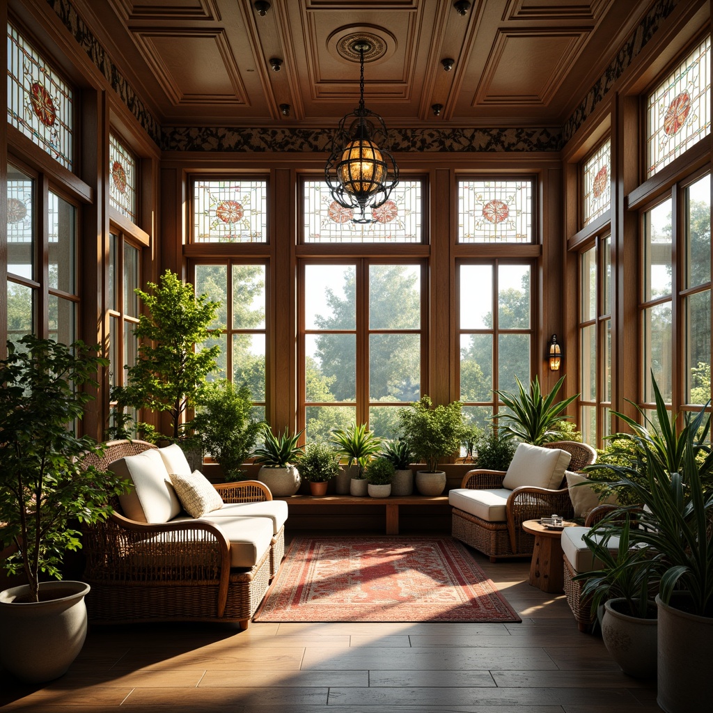 Prompt: Elegant sunroom interior, ornate wooden frames, stained glass windows, intricate lattice patterns, floral motifs, warm natural light, lush greenery, potted plants, comfortable wicker furniture, soft cushions, vintage accessories, distressed wood flooring, traditional British architecture, ornamental ceiling details, grand chandeliers, refreshing morning sunlight, shallow depth of field, 1/1 composition, realistic textures, ambient occlusion.