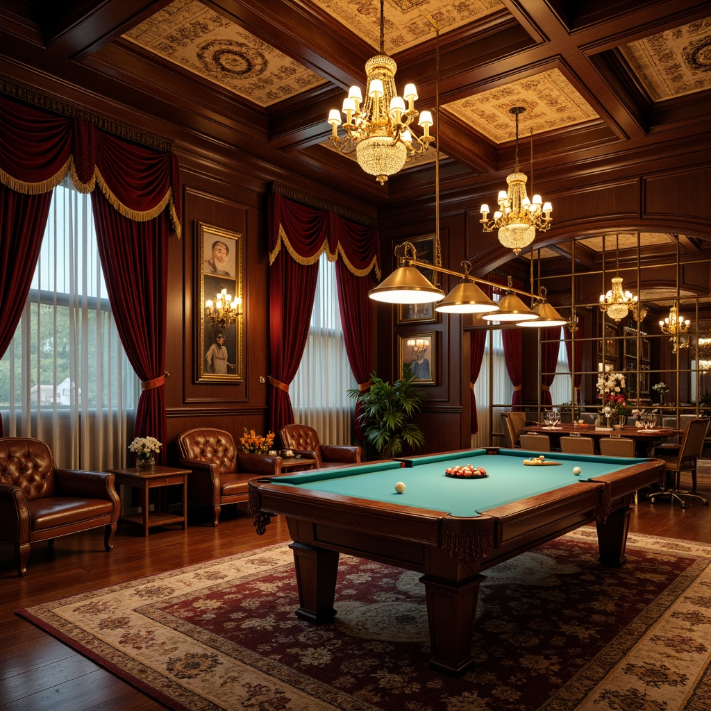 Prompt: Richly ornamented game room, luxurious wood paneling, elegant chandeliers, plush velvet drapes, classic billiard tables, leather-upholstered armchairs, ornate wooden cabinets, vintage-inspired accessories, warm golden lighting, cozy intimate atmosphere, 1/1 composition, shallow depth of field, realistic textures, soft focus blur.