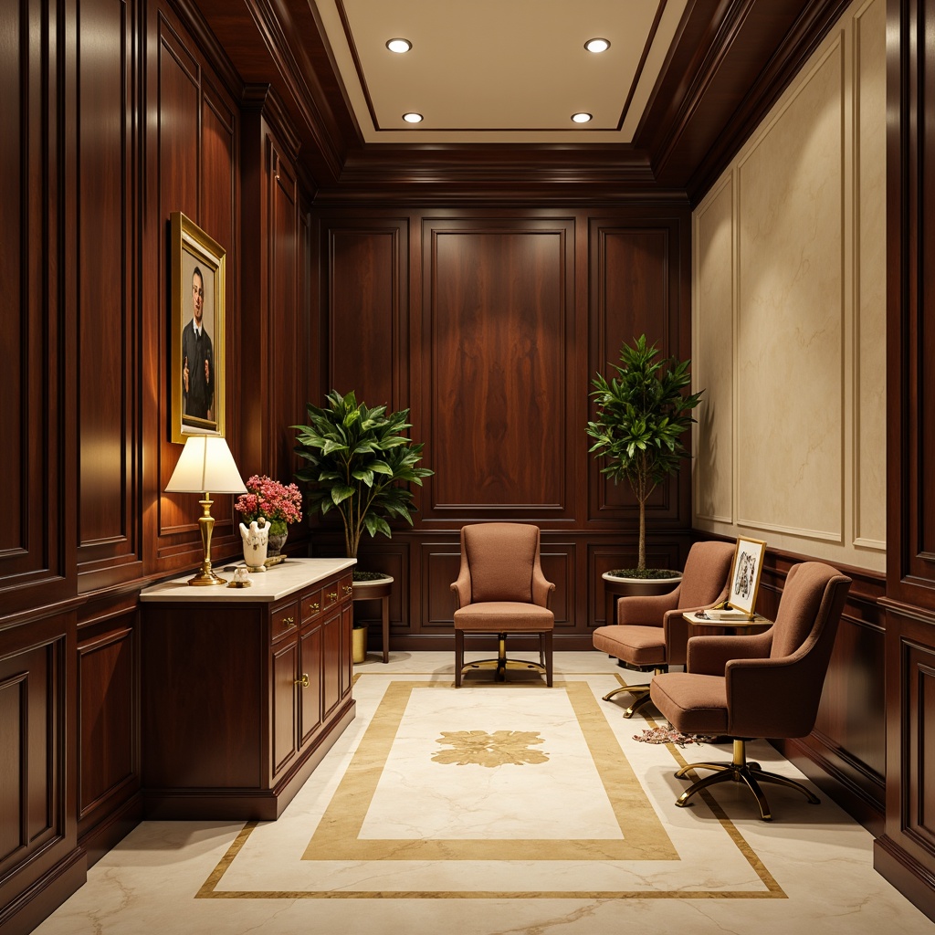 Prompt: Elegant office space, rich wood tones, dark walnut panels, creamy marble floors, sophisticated furniture pieces, ornate moldings, neutral beige walls, subtle golden accents, luxurious velvet fabrics, refined bronze hardware, warm champagne lighting, soft box lighting, 1/2 composition, intimate atmosphere, realistic textures, ambient occlusion.