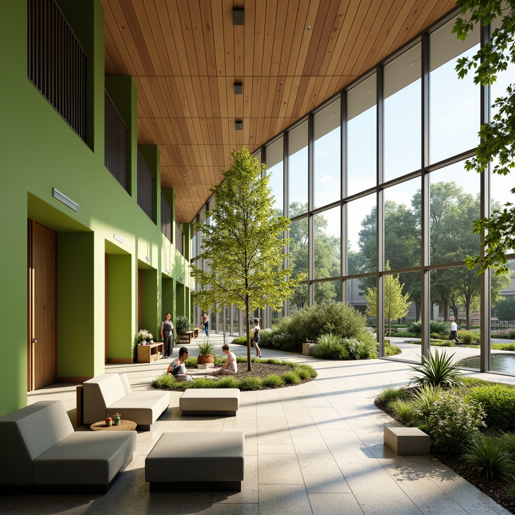 Prompt: Spacious rehabilitation center, natural light-filled interior, calming green walls, wooden accents, comfortable seating areas, wheelchair-accessible ramps, open therapy rooms, floor-to-ceiling windows, serene outdoor gardens, lush vegetation, walking paths, tranquil water features, modern minimalistic architecture, curved lines, soft warm lighting, shallow depth of field, 1/1 composition, realistic textures, ambient occlusion.