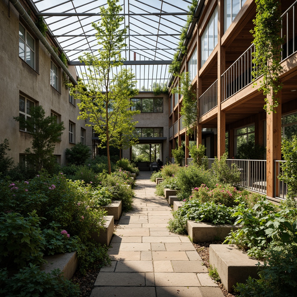 Prompt: Rustic greenhouse, exposed concrete walls, earthy tone color palette, reclaimed wood accents, lush greenery, hanging vines, natural stone floors, metal framework, industrial pipes, brutalist architecture, modern glass roofs, abundant sunlight, soft warm lighting, shallow depth of field, 3/4 composition, realistic textures, ambient occlusion.