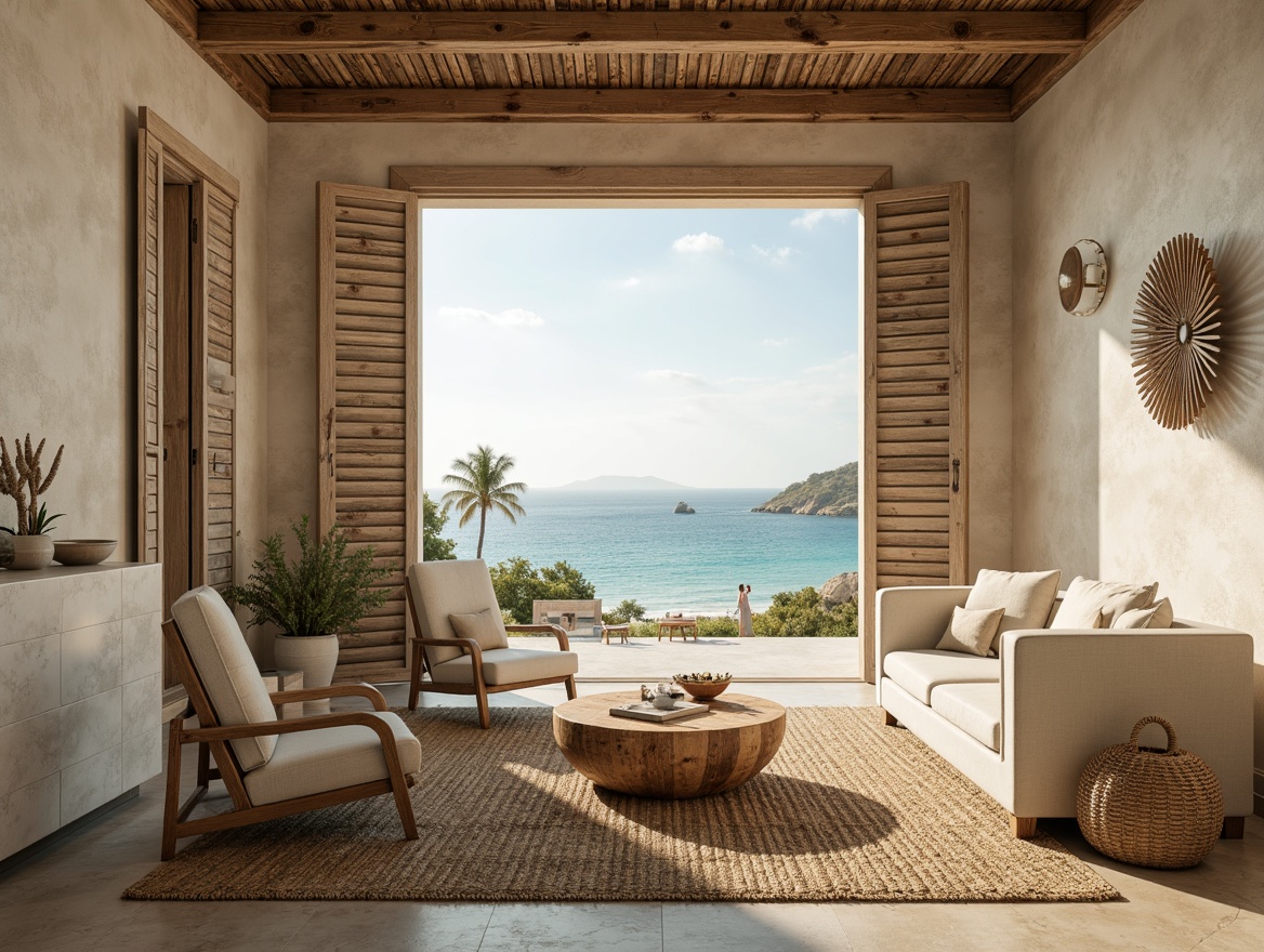 Prompt: Soothing coastal villa, natural wood accents, soft sandy beige walls, calming turquoise ocean views, gentle sea breeze, rustic driftwood furniture, woven jute rugs, plush linen upholstery, creamy white marble countertops, distressed wood shutters, warm golden lighting, shallow depth of field, 1/2 composition, serene atmosphere, realistic textures, ambient occlusion.