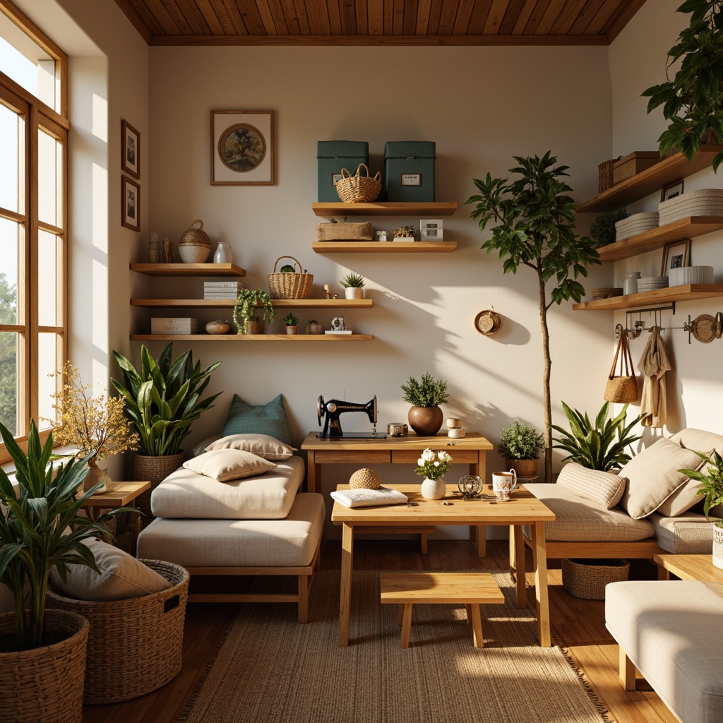 Prompt: Cozy craft room, warm wooden tables, soft cushions, woven baskets, vintage sewing machines, natural fiber textiles, earthy color palette, beige walls, creamy accents, moss green shelves, sky blue decorative boxes, warm golden lighting, soft focus, shallow depth of field, 2/3 composition, realistic textures, ambient occlusion.