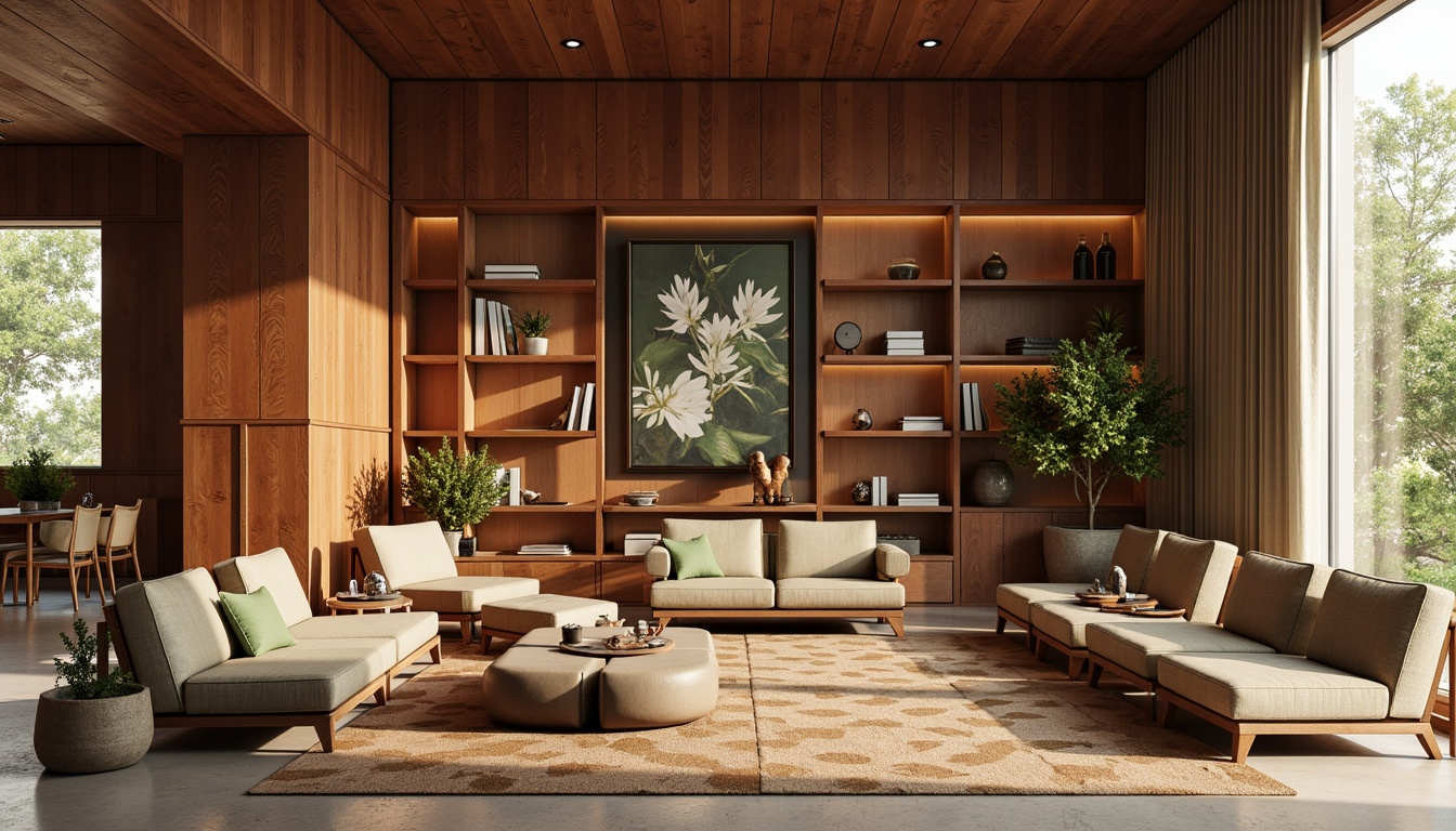 Prompt: Warm walnut wood tones, rich leather accents, earthy terracotta hues, soft sage greens, creamy whites, bold graphic patterns, geometric shapes, natural textiles, organic forms, retro-inspired furniture, cozy reading nooks, abundant natural light, warm golden lighting, subtle shadows, 1/2 composition, realistic renderings, ambient occlusion.