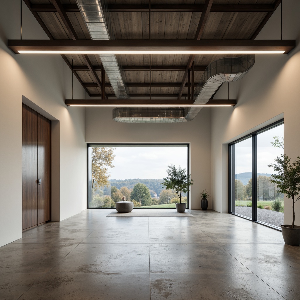 Prompt: Modern pavilion interior, minimalist Bauhaus style, industrial chic aesthetic, exposed ductwork, polished concrete floors, white walls, large windows, natural light, suspended linear lighting fixtures, sleek metal shades, warm LED illumination, recessed ceiling lights, subtle ambient glow, 1/1 composition, soft focus, realistic materials, atmospheric rendering.