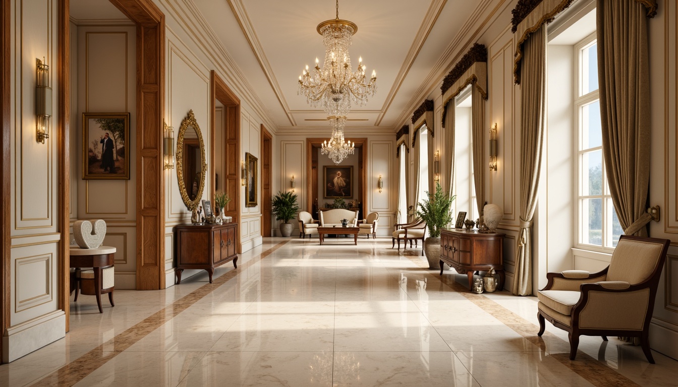 Prompt: Elegant neoclassical interior, cream-colored marble floors, ornate gold leaf accents, soft beige walls, rich walnut wood paneling, intricate moldings, crystal chandeliers, luxurious velvet drapes, subtle gradient lighting, warm candlelight ambiance, shallow depth of field, 1/2 composition, realistic textures, ambient occlusion.