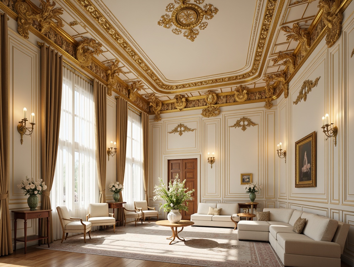 Prompt: Luxurious palace interior, ornate gold molding, intricate carvings, soft cream walls, velvet drapes, crystal chandeliers, delicate porcelain vases, antique furniture, curved lines, shell-shaped motifs, natural floral patterns, pastel color palette, warm candlelight, shallow depth of field, 1/1 composition, realistic textures, ambient occlusion.