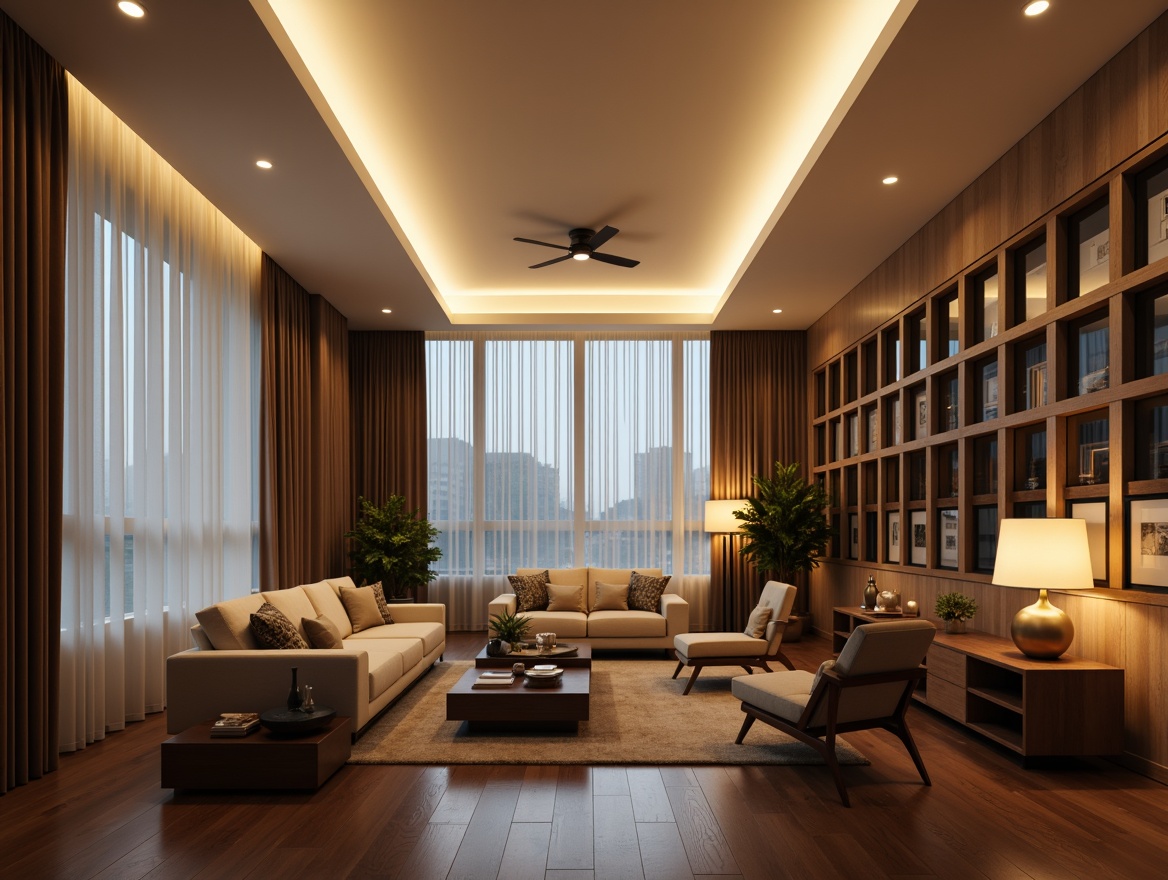 Prompt: Modern living room, sleek ceiling lights, warm ambient glow, recessed lighting, floor lamps, table lamps, metallic finishes, soft warm tones, cozy atmosphere, large windows, natural light, sheer curtains, 3/4 composition, shallow depth of field, realistic textures, ambient occlusion.