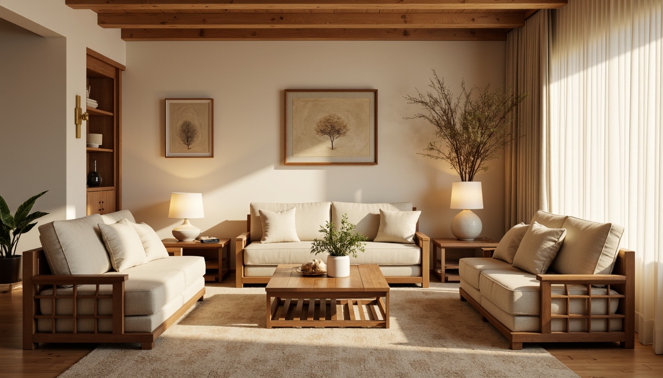 Prompt: Cozy living room, warm beige walls, rich wood furniture, plush velvet sofas, soft golden lighting, natural textiles, earthy tone ceramics, minimal ornamentation, calm atmosphere, relaxing ambiance, creamy white accents, subtle patterned rugs, elegant floor lamps, soft pastel hues, inviting warmth, 1/1 composition, shallow depth of field, realistic textures, ambient occlusion.