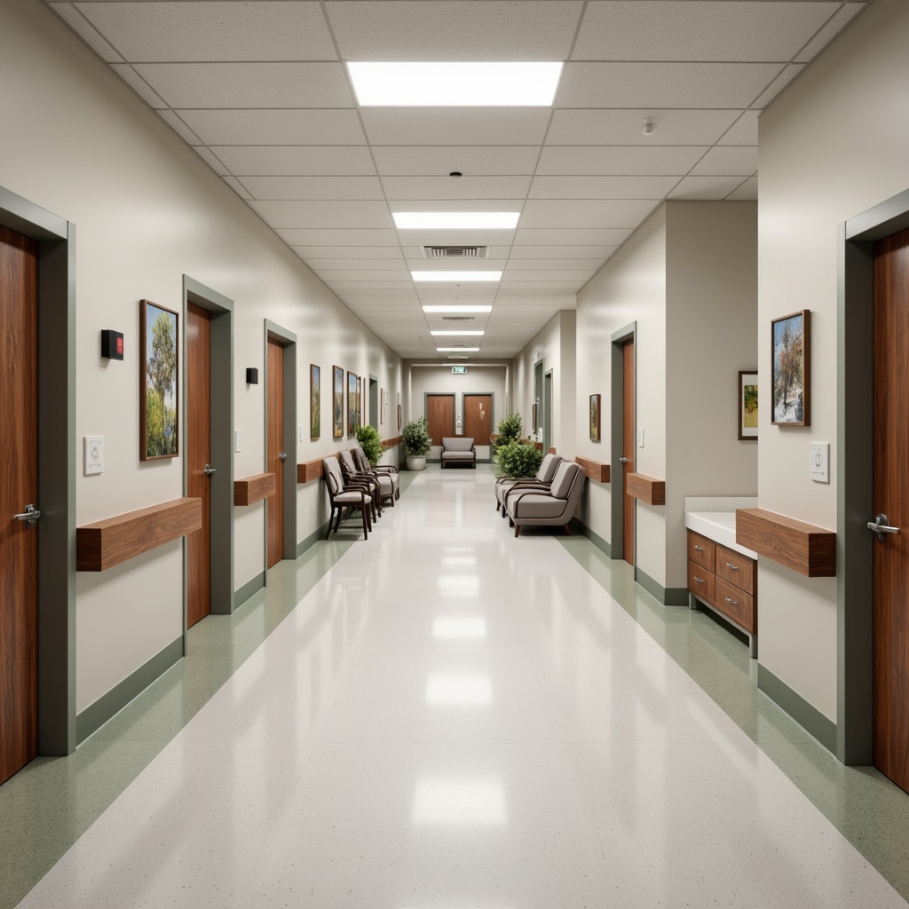 Prompt: Sterile hospital corridors, calming neutral tones, smooth vinyl flooring, antimicrobial wall coatings, durable stainless steel handrails, warm wood accents, soft LED lighting, acoustic ceiling tiles, ergonomic furniture, non-porous countertops, infection control measures, seamless joints, high-traffic area finishes, sustainable recycled materials, natural ventilation systems, calming nature-inspired artwork, gentle color schemes, minimal ornamentation, easy-clean surfaces.