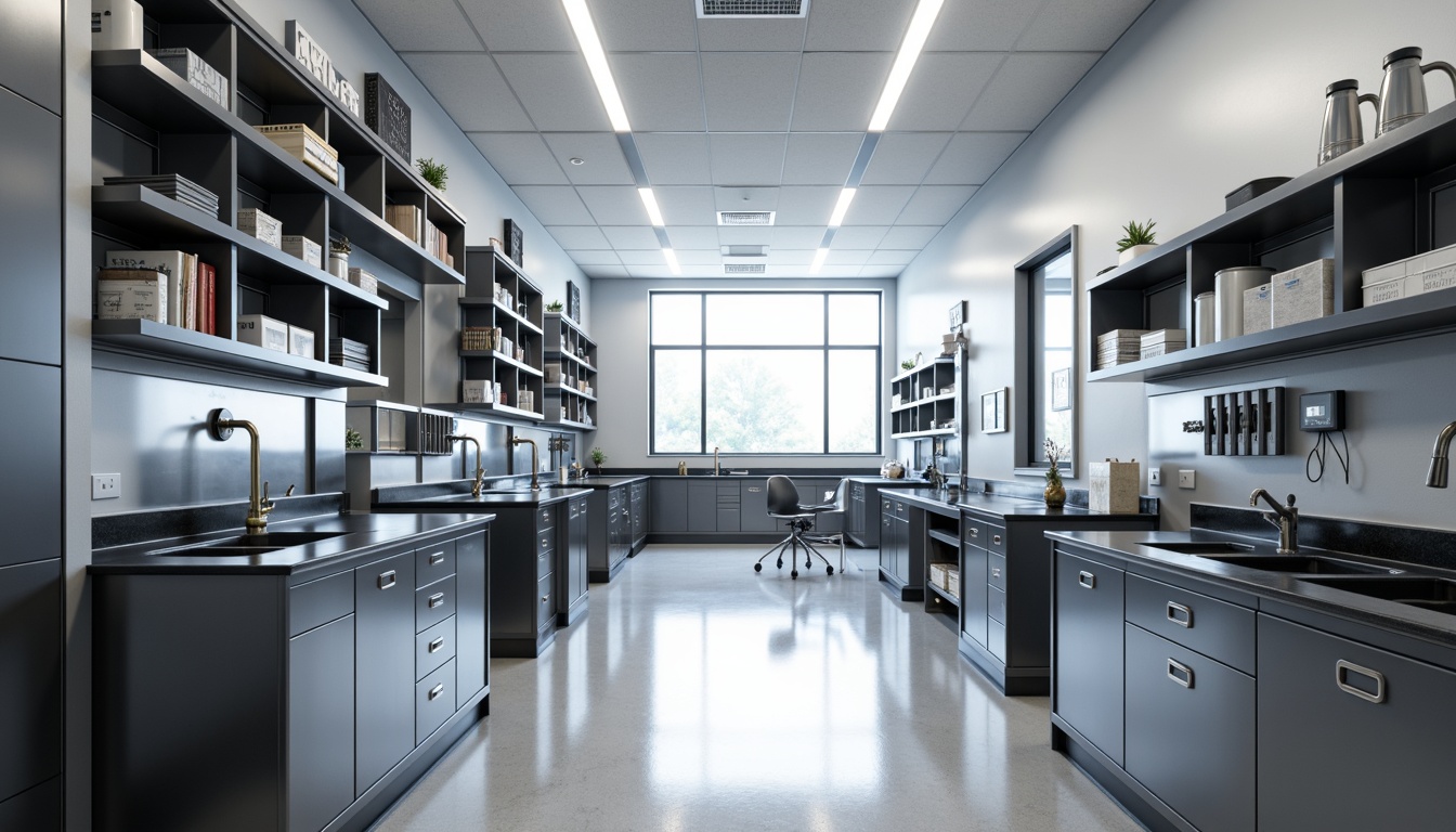 Prompt: Modern laboratory interior, sleek metal shelving units, spacious storage cabinets, adjustable shelving systems, epoxy resin countertops, high-gloss finishes, stainless steel workbenches, built-in sink stations, wall-mounted equipment, modular casework, ergonomic seating areas, task lighting, soft ambient illumination, 3/4 composition, shallow depth of field, realistic textures, ambient occlusion.