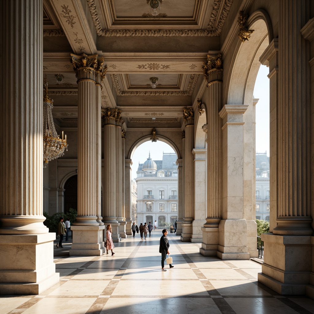 Prompt: Grandiose columns, ornate capitals, decorative friezes, carved stone facades, symmetrical compositions, balanced proportions, classical archways, ornamental moldings, gilded details, marble floors, high ceilings, crystal chandeliers, intricate plasterwork, subtle color palette, natural light pouring through large windows, shallow depth of field, 1/2 composition, realistic textures, ambient occlusion.