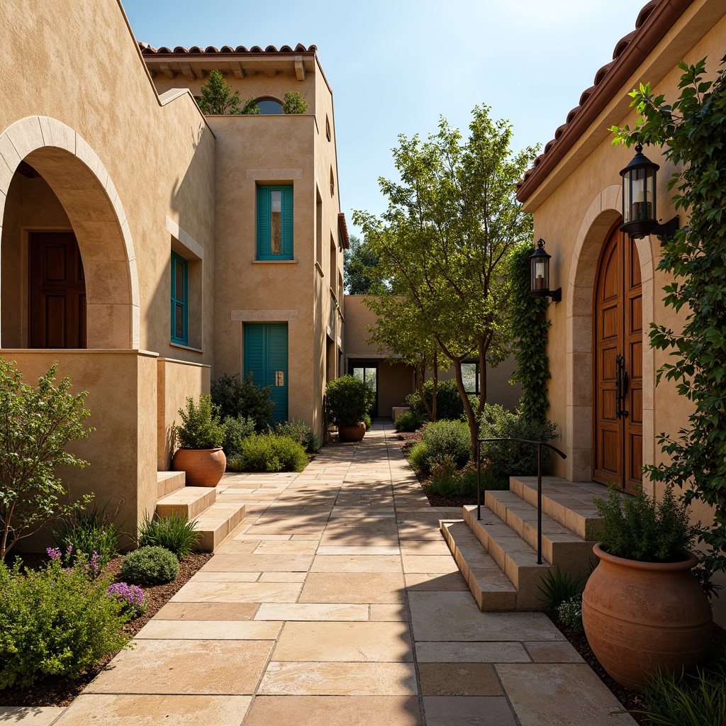 Prompt: Warm Mediterranean villa, rustic stone walls, curved archways, terracotta rooftops, lush greenery, blooming flowers, vibrant turquoise accents, soft golden lighting, warm beige stucco, distressed wood doors, ornate metalwork, earthy terracotta pots, fragrant herb gardens, sunny afternoon, shallow depth of field, 1/2 composition, cinematic view, realistic textures, ambient occlusion.