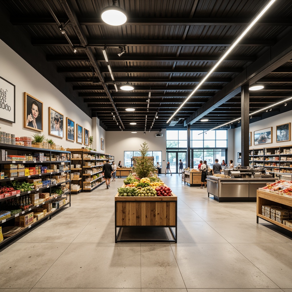 Prompt: Clean grocery store interior, minimalist design, neutral color palette, polished concrete floors, sleek metal shelving, modern LED lighting, abundant natural light, open ceiling, industrial chic decor, rustic wooden accents, simple signage, organized product displays, geometric patterns, efficient aisle layout, convenient checkout counters, stainless steel appliances, earthy tones, warm atmosphere, shallow depth of field, 1/2 composition, softbox lighting, realistic textures.