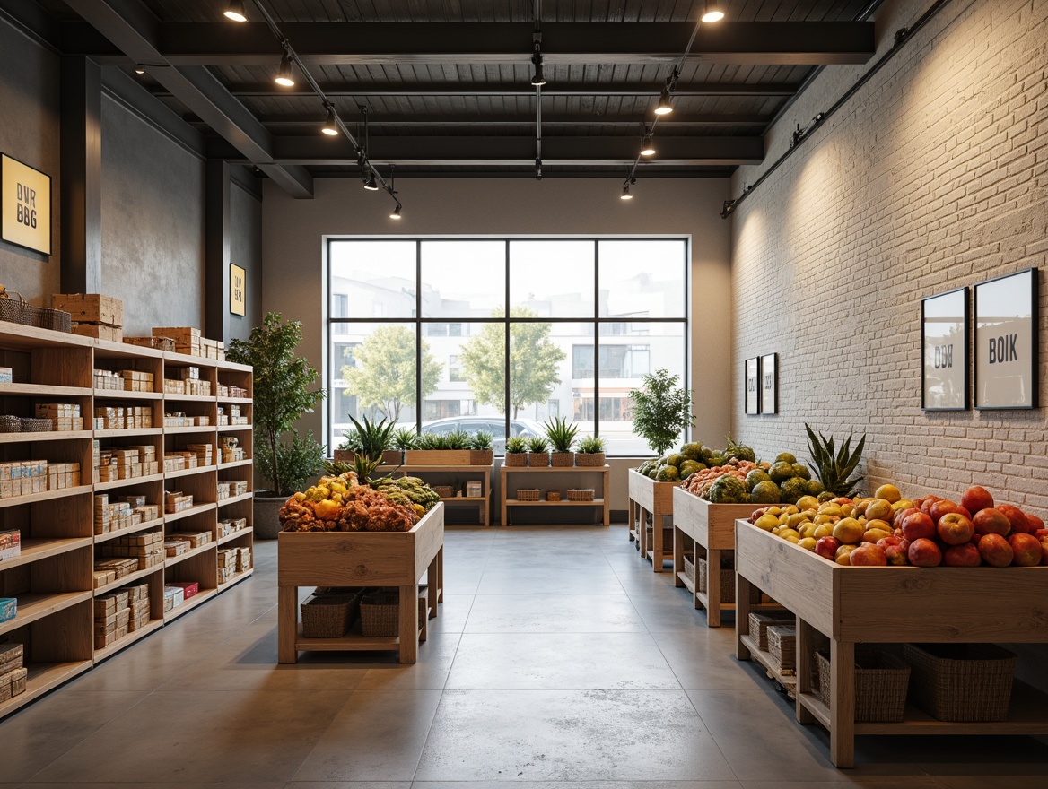 Prompt: Minimalist grocery store interior, soft diffused lighting, subtle shadows, natural wood shelves, industrial metal racks, concrete floors, white brick walls, large windows, warm ambient glow, gentle highlights on product displays, softbox lighting, 1/2 composition, shallow depth of field, realistic textures, ambient occlusion.