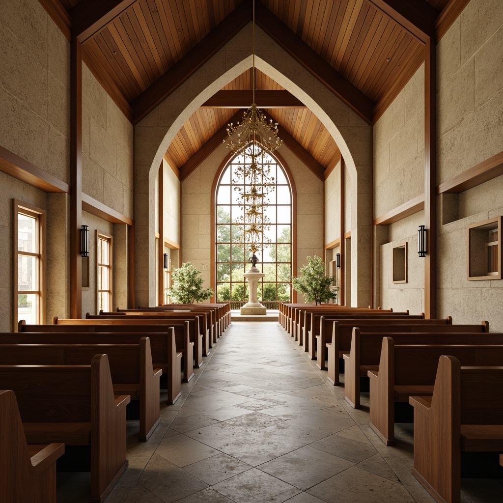 Prompt: Contemporary church interior, minimalist decor, natural stone flooring, wooden pews, stained glass windows, soft warm lighting, vaulted ceilings, ornate chandeliers, subtle textures, tactile materials, earthy color palette, organic shapes, spiritual ambiance, serene atmosphere, dramatic verticality, 1/1 composition, shallow depth of field, realistic renderings, ambient occlusion.