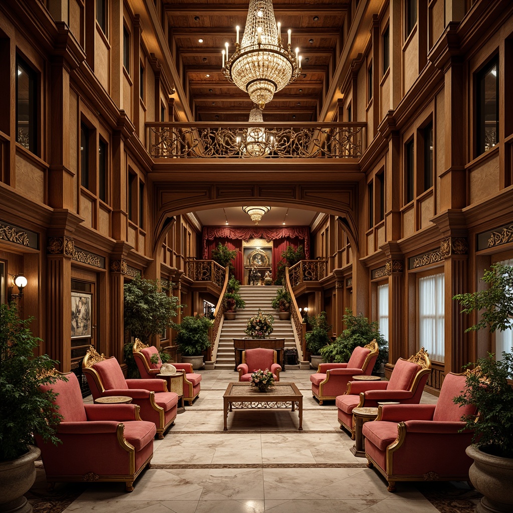 Prompt: Renaissance-style hotel lobby, ornate wooden furniture, velvet upholstery, golden accents, crystal chandeliers, marble flooring, grand staircase, luxurious drapery, rich tapestries, opulent furnishings, lavish decor, warm ambient lighting, 3/4 composition, soft focus, shallow depth of field, realistic textures, ambient occlusion.