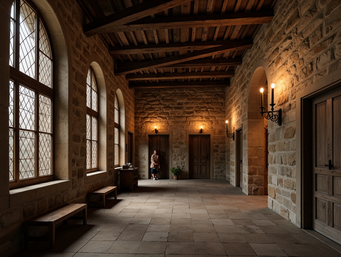 Prompt: Rustic monastery, stone walls, weathered wooden doors, arched windows, ornate ironwork, candlelit corridors, dimly lit chapels, distressed stonework, earthy tones, natural materials, rough-hewn beams, vaulted ceilings, grandeur scale, warm soft lighting, 1/1 composition, cinematic mood, realistic textures, ambient occlusion.