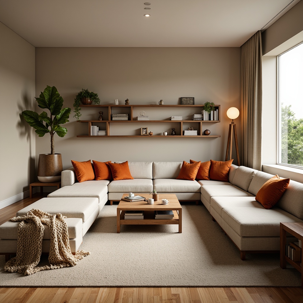 Prompt: Cozy living room, comfortable sofas, wooden coffee tables, vibrant throw pillows, elegant floor lamps, minimalist shelves, functional storage units, natural wood flooring, warm beige walls, large windows, soft diffused lighting, 1/1 composition, realistic textures, ambient occlusion.Please let me know if this meets your requirements!