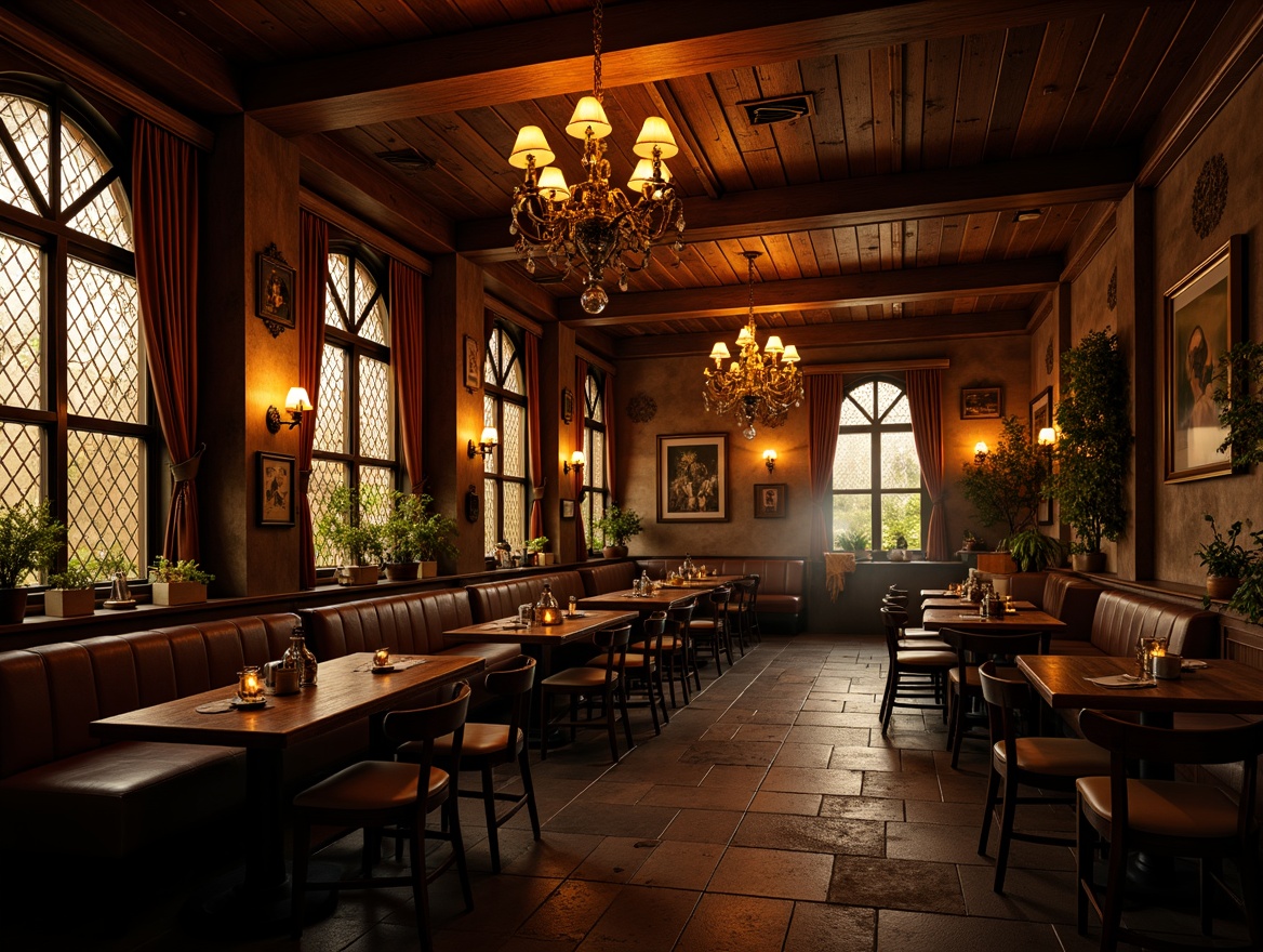 Prompt: Dimly lit pub interior, warm golden lighting, ornate chandeliers, stained glass windows, rich wood tones, dark leather upholstery, heavy drapery, mystical ambiance, dramatic shadows, candlelit tables, eerie lanterns, mysterious alcoves, rustic stone walls, vintage metal signs, distressed wooden beams, grandiose ceilings, warm color palette, soft warm glow, 1/2 composition, low-key lighting, cinematic atmosphere.